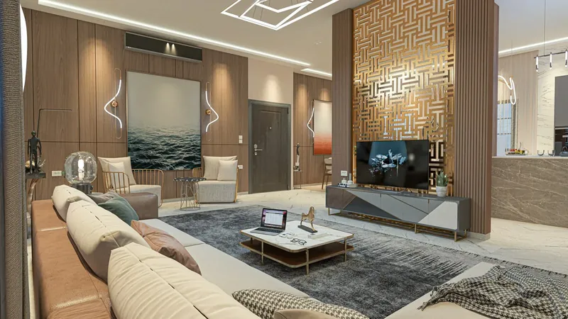 مجلس بجدار خشبي وفاصل بنقش هندسي ووحدة تلفاز رخامية